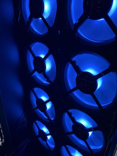 Close-up of RGB case fans inside a custom PC build
